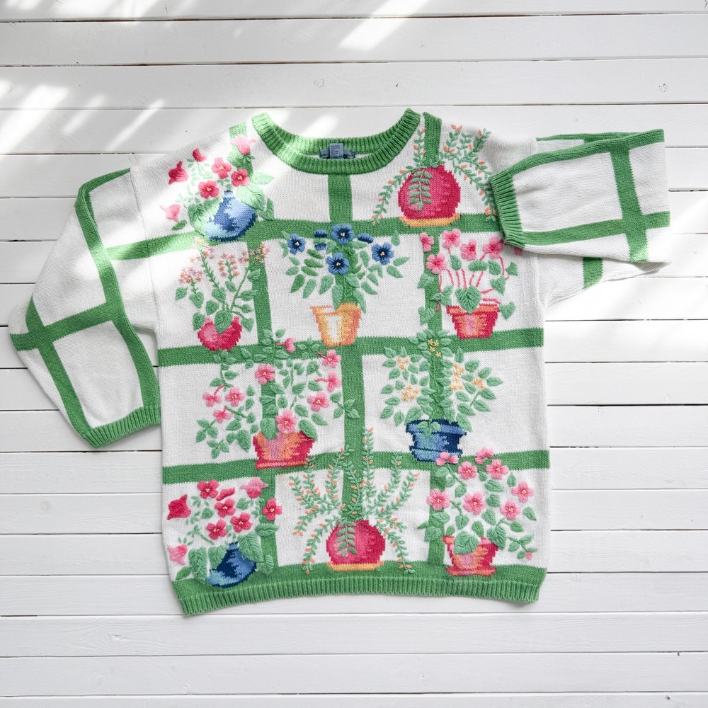 vtg Cambridge Dry Goods white green‎ house plant embroidered sweater size L